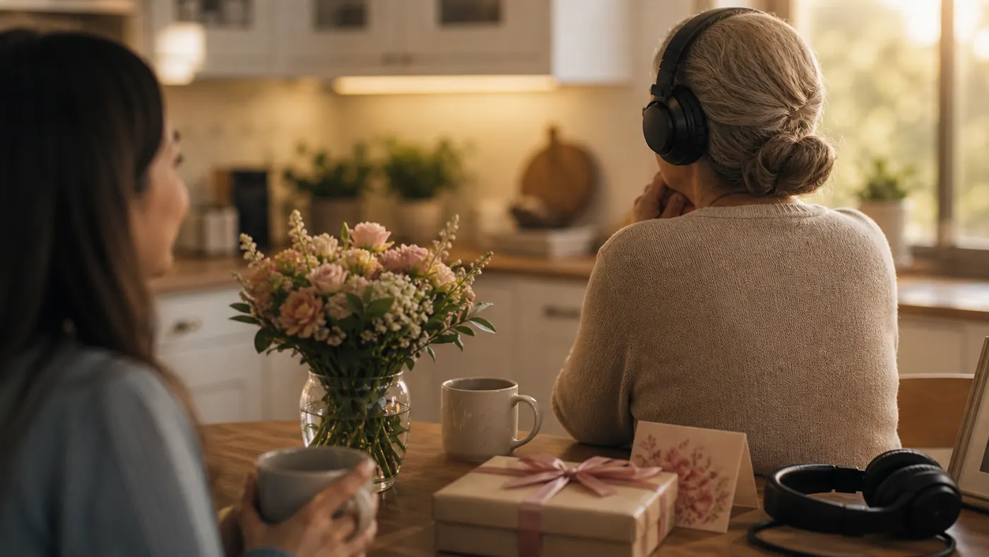 Custom Song for Mom supporting image showing a mother receiving a song gift with flowers, headphones, and a family keepsake nearby.
