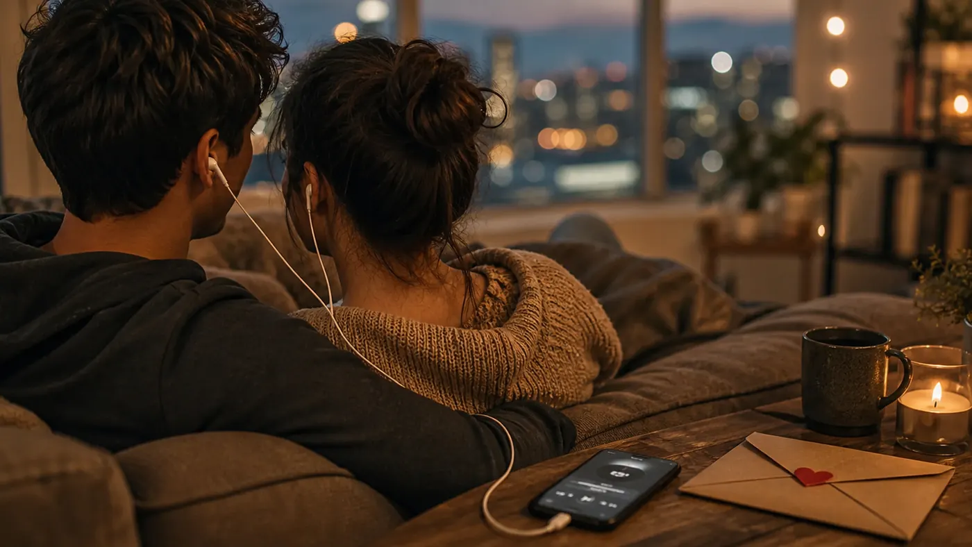 Custom Song for Wife supporting image showing a couple sharing a private listening moment with earbuds at home.