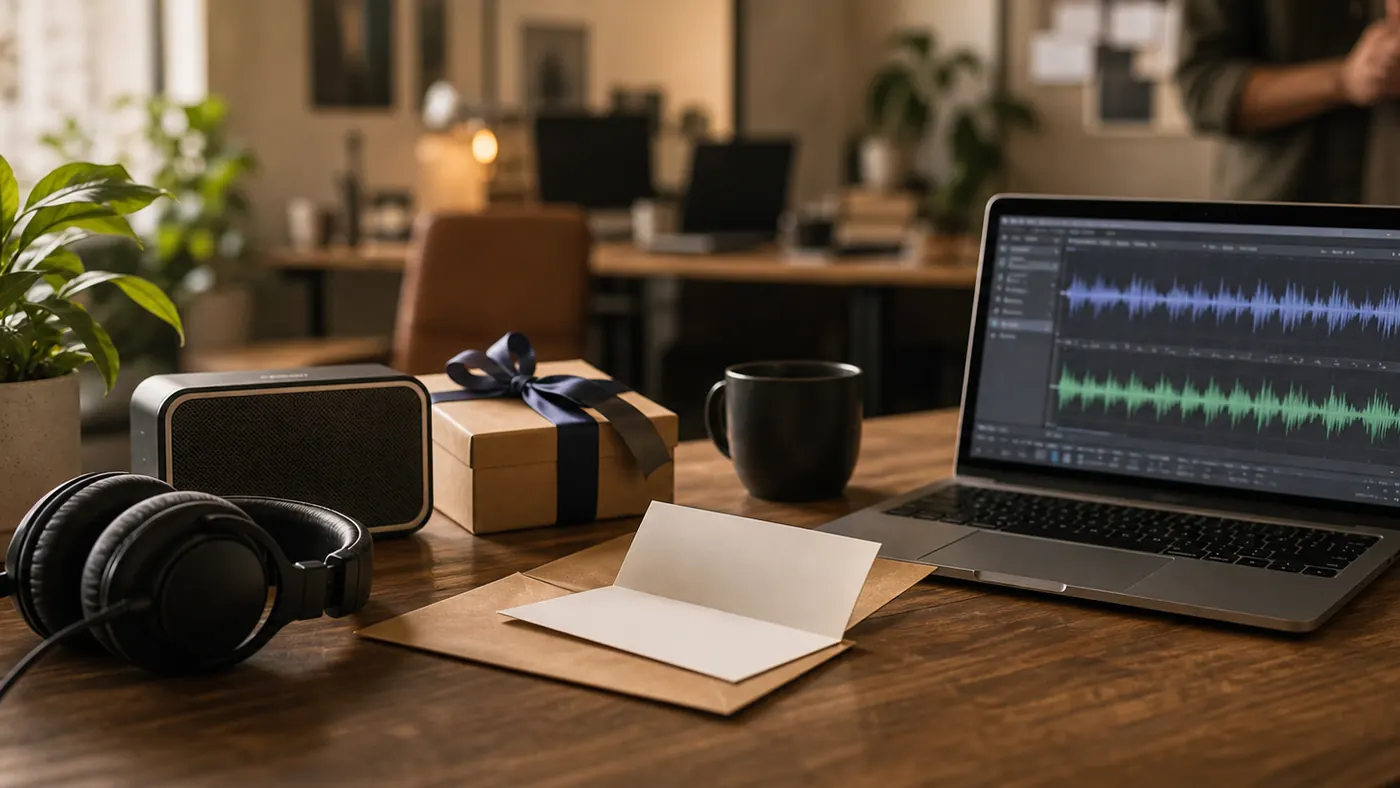 Custom Song Guide supporting image showing a custom song workspace with headphones, a laptop waveform, a wrapped gift, and notes.