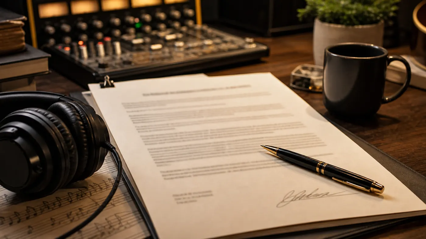 Custom Song vs Cover supporting image showing a music production desk with headphones, a blank agreement, and audio equipment.