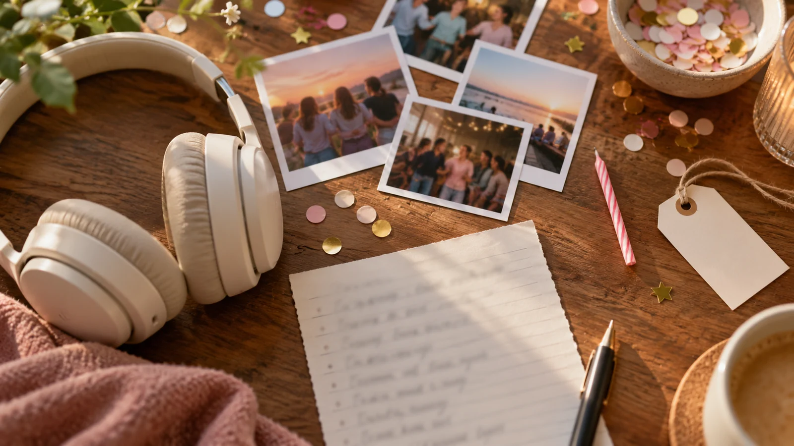 Sweet 16 Track Supporting Image Supporting image showing headphones, printed photos, a party candle and a handwritten brief on a table.