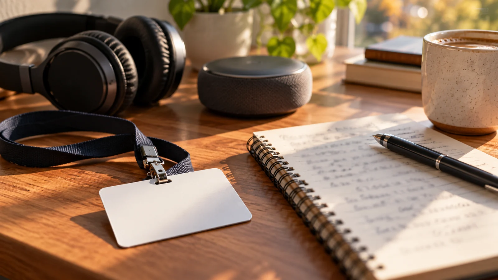 Custom Thank You Song Supporting Image Custom thank you song supporting image showing a close-up of a volunteer badge, a notebook with blurred handwriting, headphones, and a small speaker on a desk.