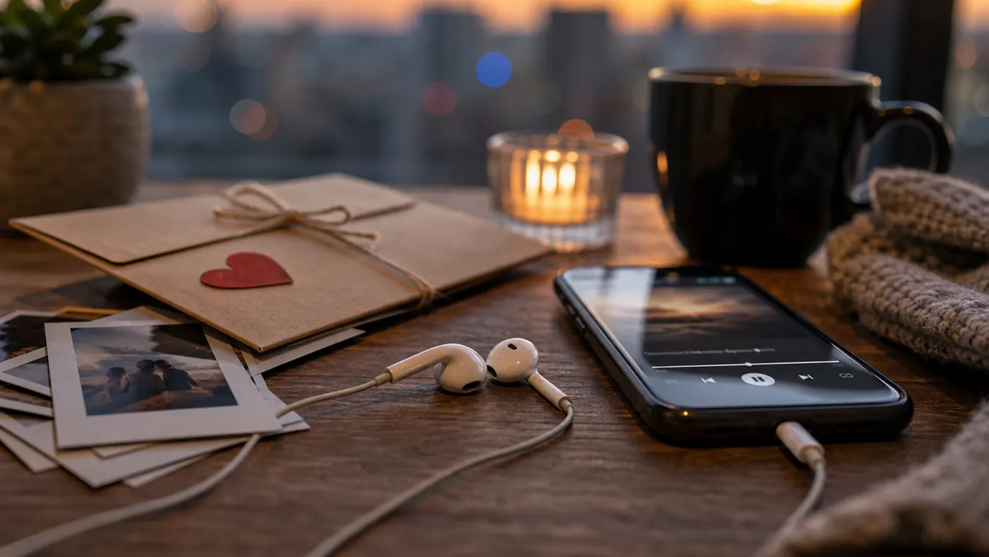 Custom Valentine's Day Song supporting image showing a love note, earbuds, candlelight, and a phone ready for a private song reveal.