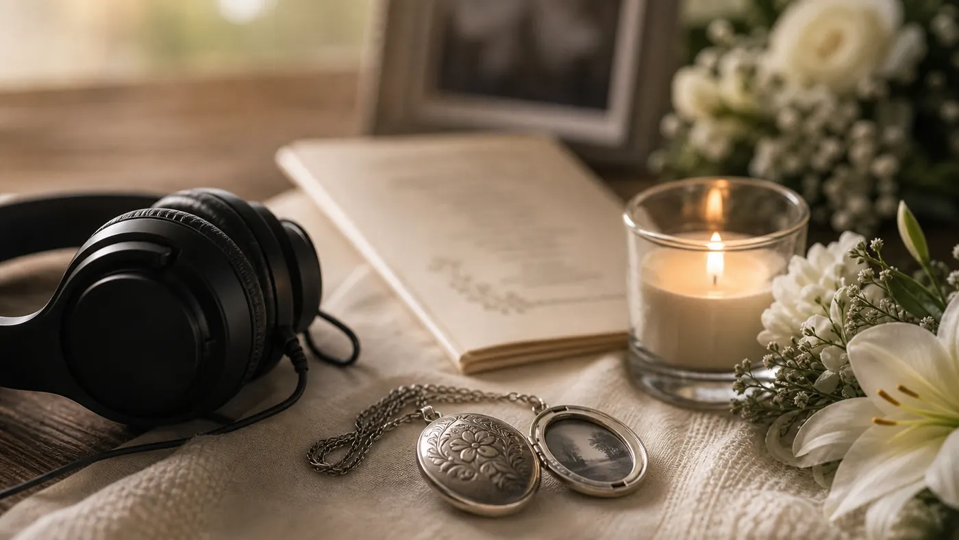 Custom Wedding Song supporting image showing wedding rings, candlelight, headphones, and a personal song note on a linen table.