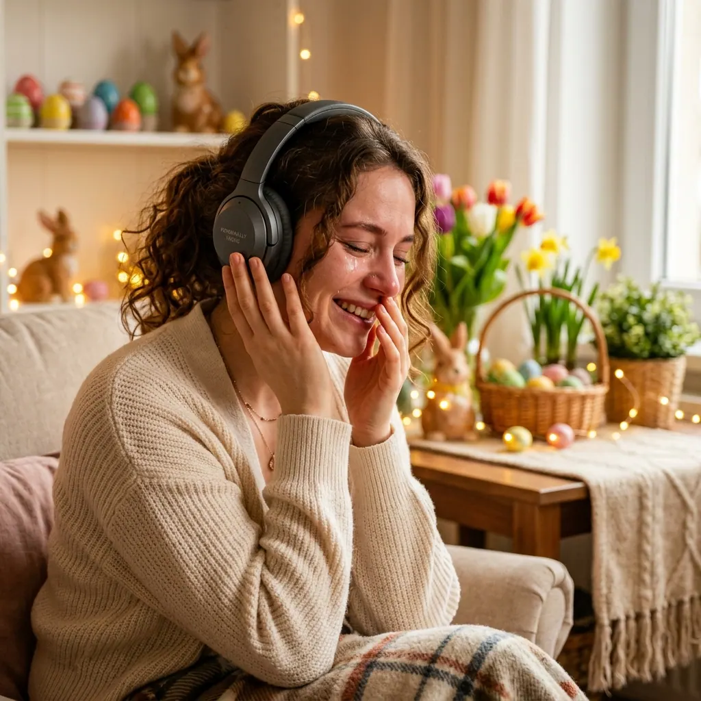 Pessoa emocionada ouvindo música personalizada na Páscoa