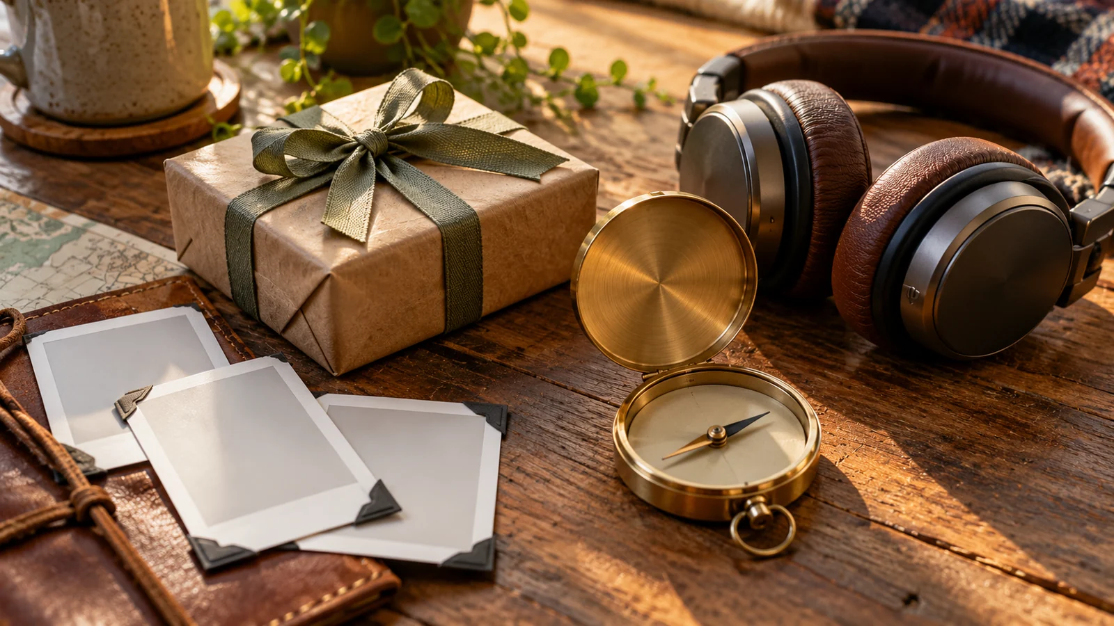 Godparent Gift Song Supporting Image Close-up of a small godparent gift box, a brass compass, headphones, and photo corners on a wooden table, with no faces visible.