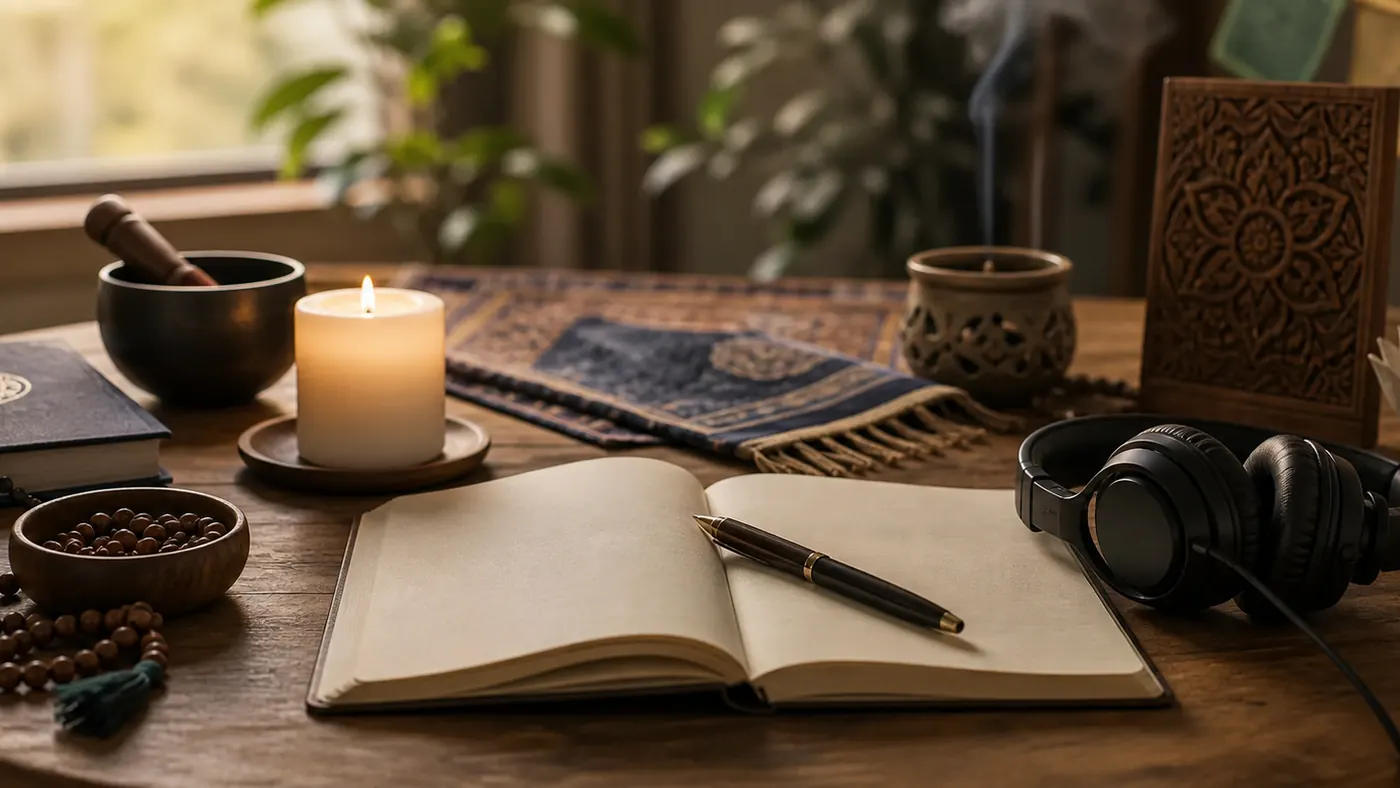 Gratitude Song Ideas supporting image showing a quiet gratitude practice with a journal, candle, headphones, and an open book.