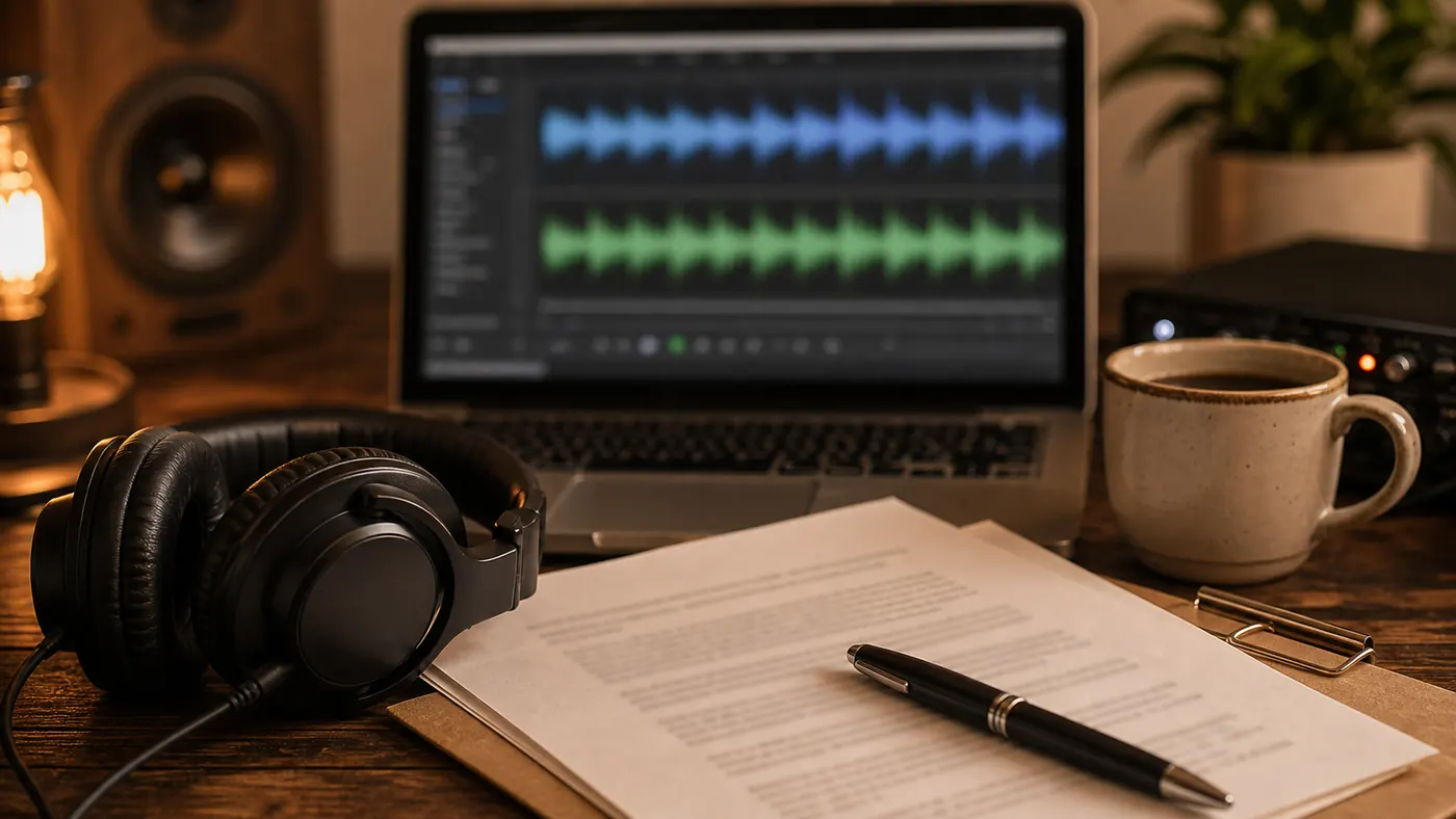 How Long Does a Custom Song Take supporting image showing a production timeline desk with headphones, an audio waveform, and planning notes.