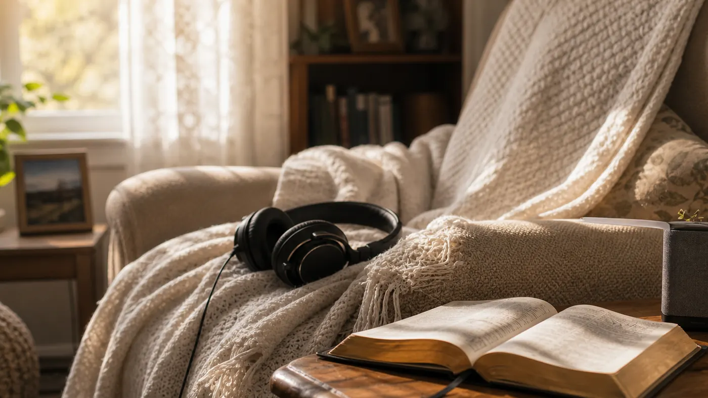 Meditation Music vs Prayer Songs supporting image showing a peaceful chair, headphones, and an open book prepared for quiet practice.