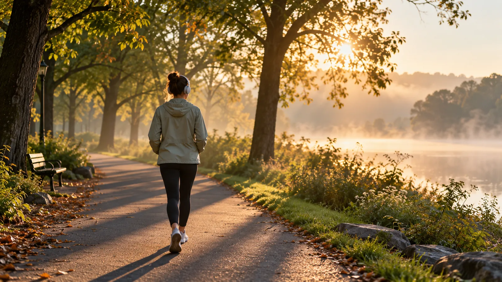 Personalized Affirmation Song Supporting Image A person walking outdoors with headphones on, early morning light, face not identifiable.