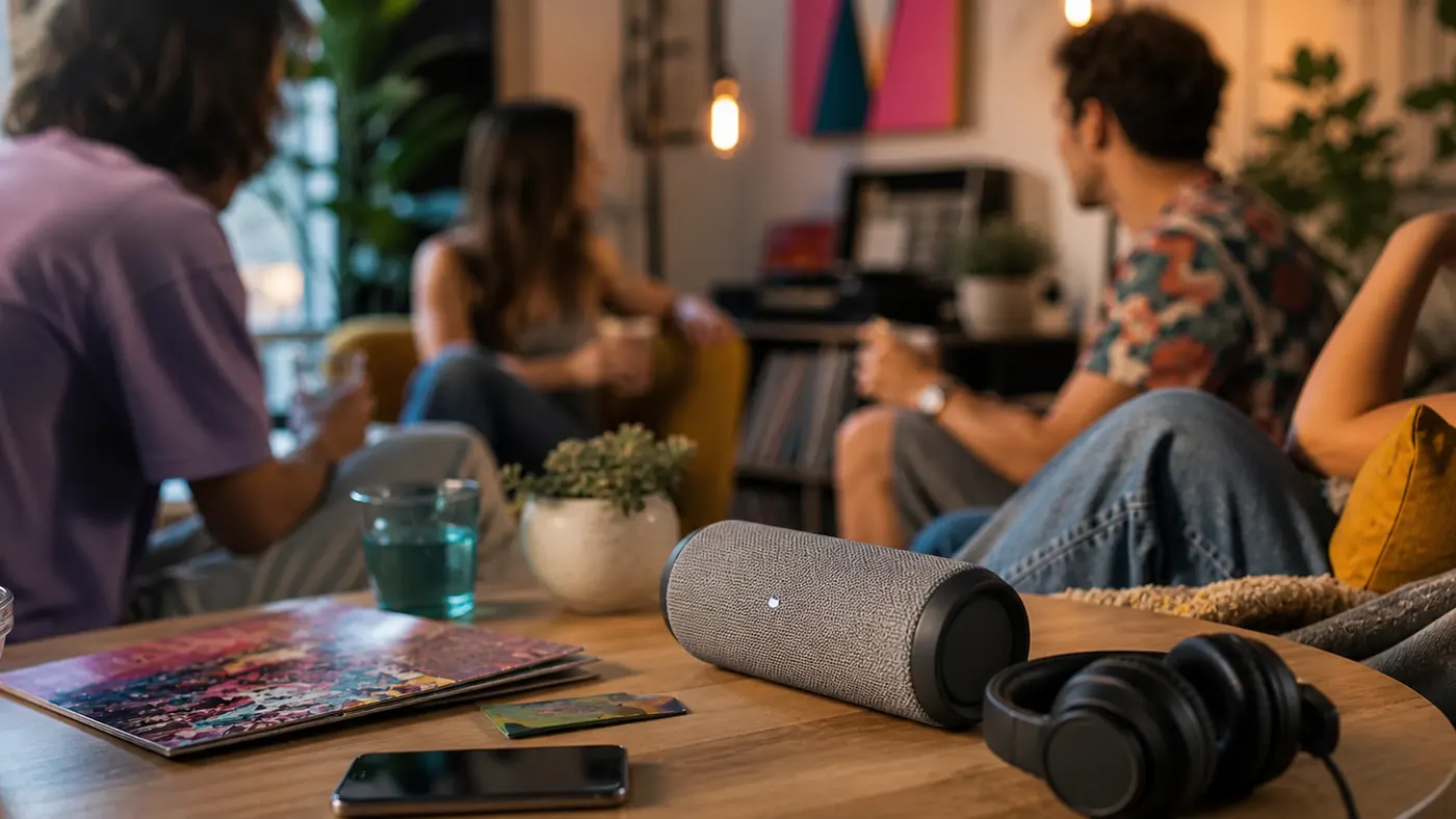 Personalized Music Guide supporting image showing people reviewing a song brief together beside headphones and a laptop.