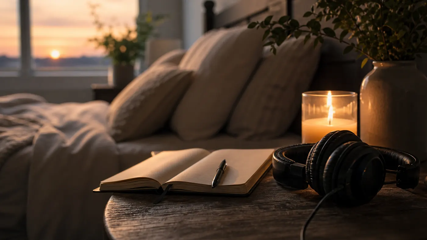 Prayer Song for Anxiety supporting image showing a calm bedside prayer setup with headphones, candlelight, and a notebook.