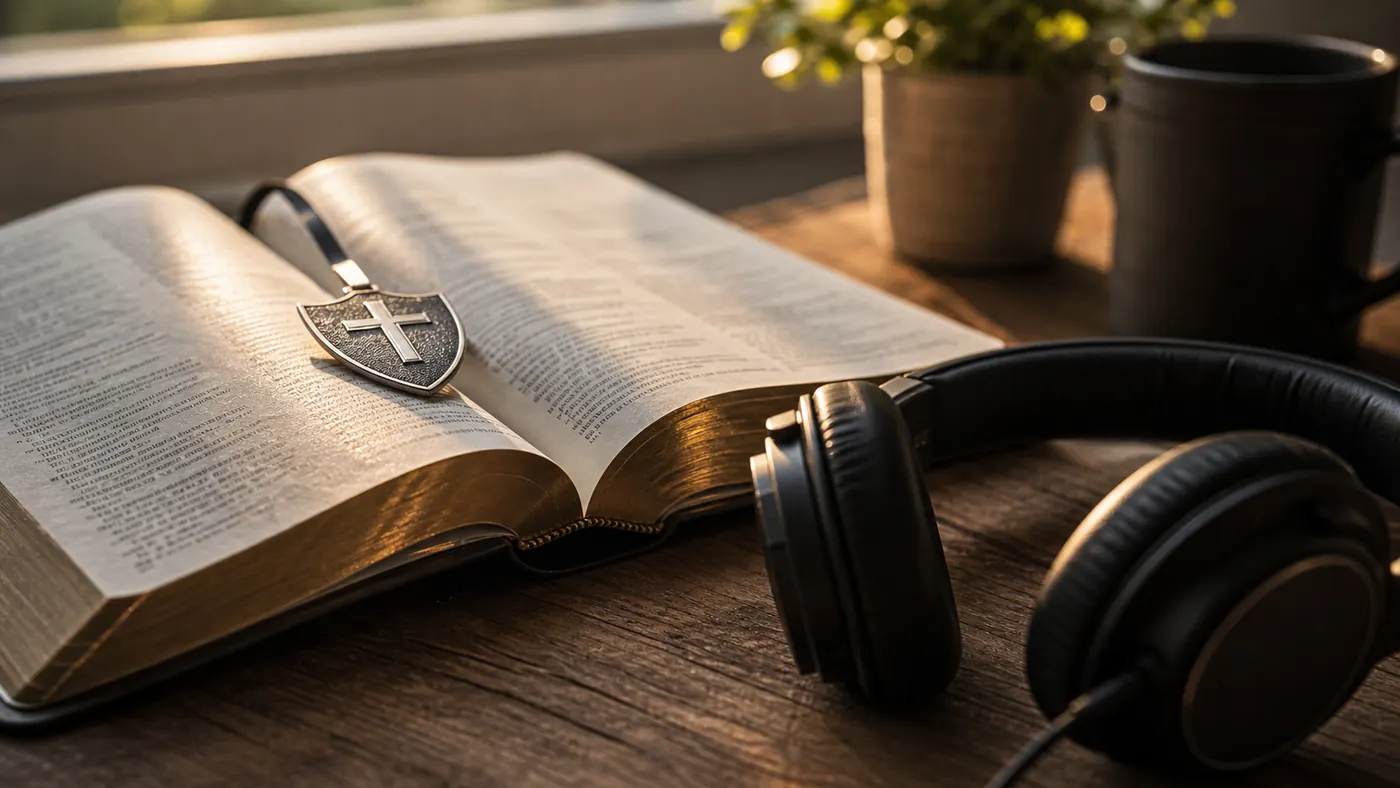 Prayer Song for Healing supporting image showing headphones beside an open book and a stethoscope in soft morning light.