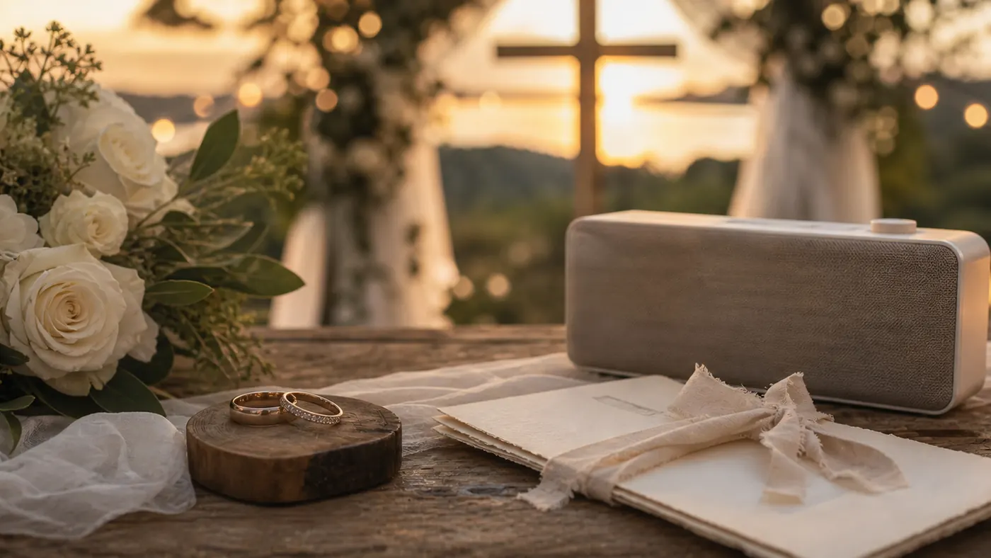 Prayer Song for Peace supporting image showing a peaceful prayer table with flowers, candlelight, headphones, and a cross.