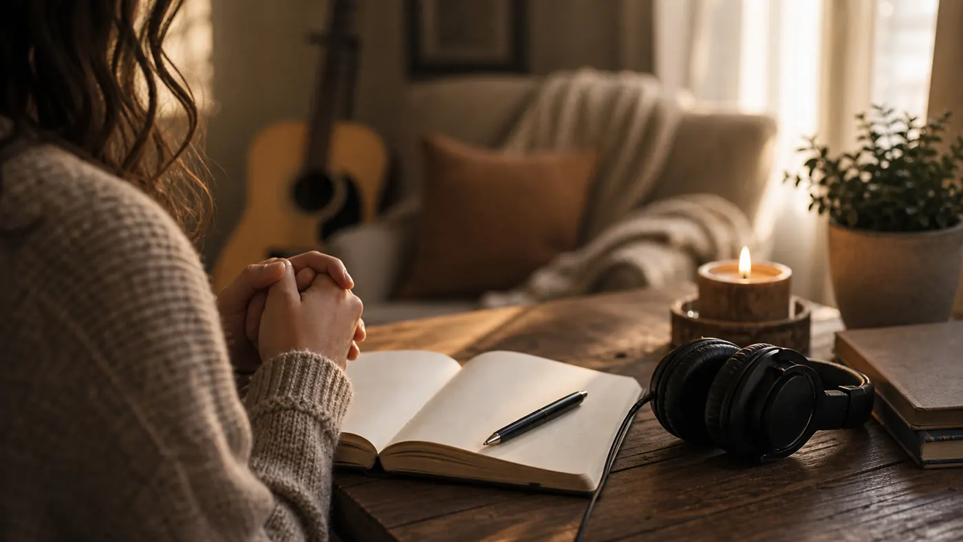 Prayer Song for Someone Going Through a Hard Time supporting image showing a quiet prayer journal, headphones, and warm candlelight.