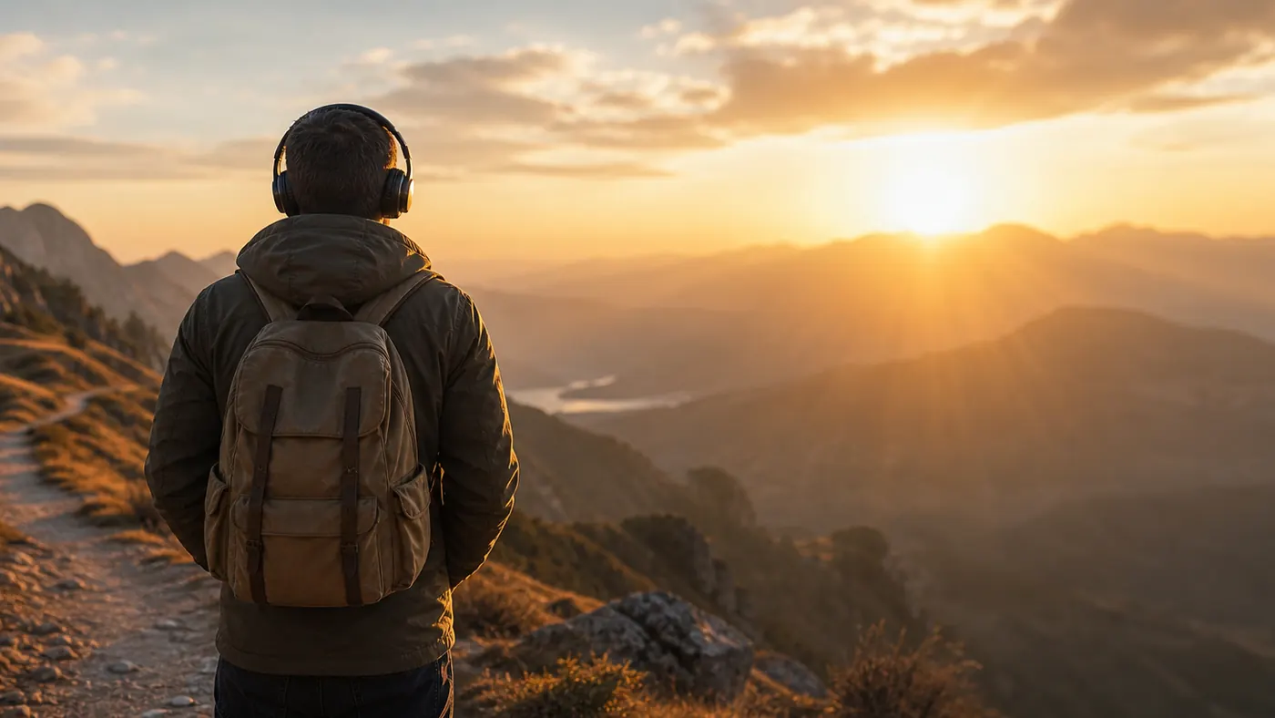 Prayer Song for Strength supporting image showing a person facing sunrise from a mountain overlook with headphones.