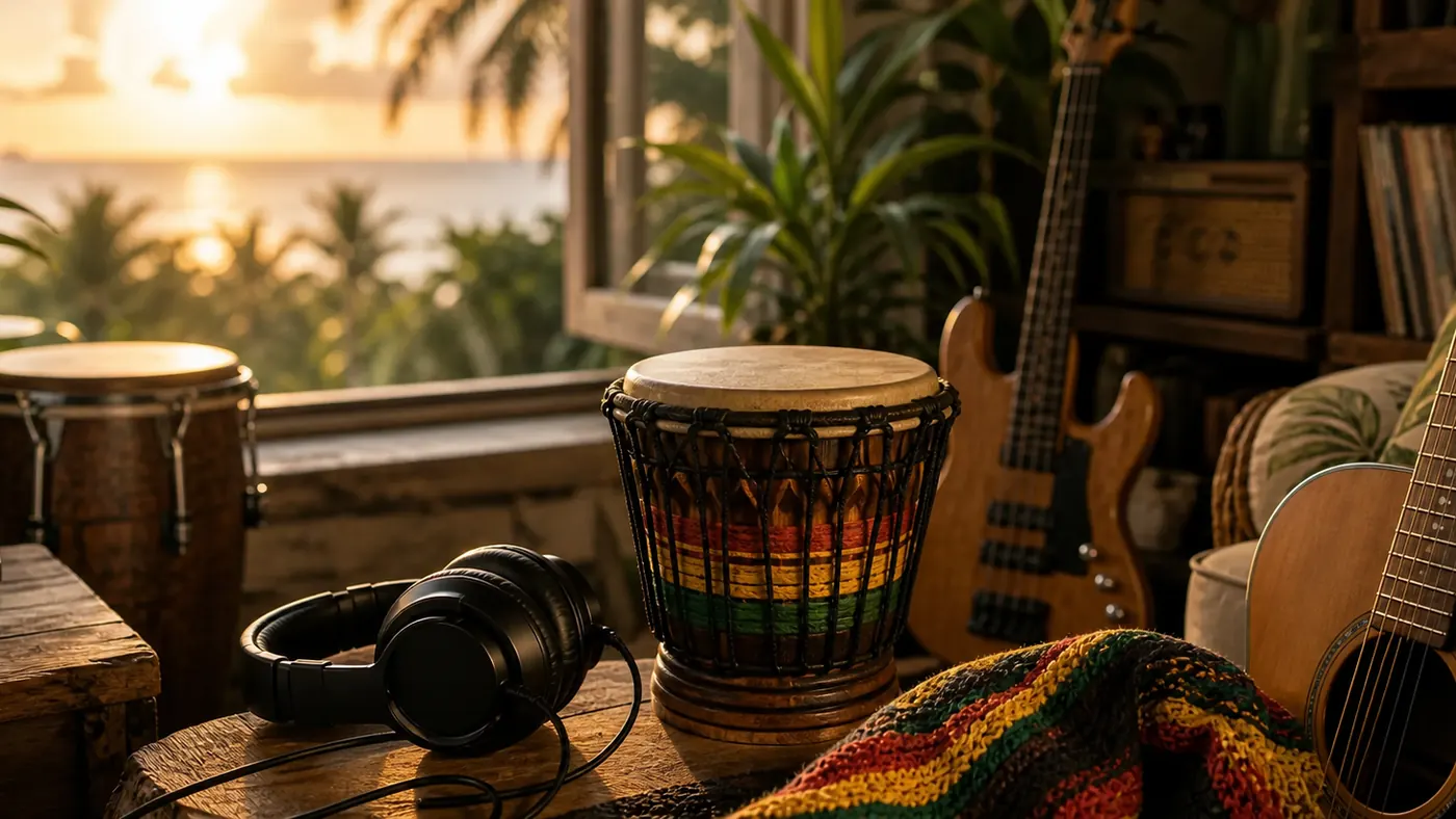 Prayer Songs Across Cultures supporting image showing traditional drums, a guitar, headphones, and warm natural light.