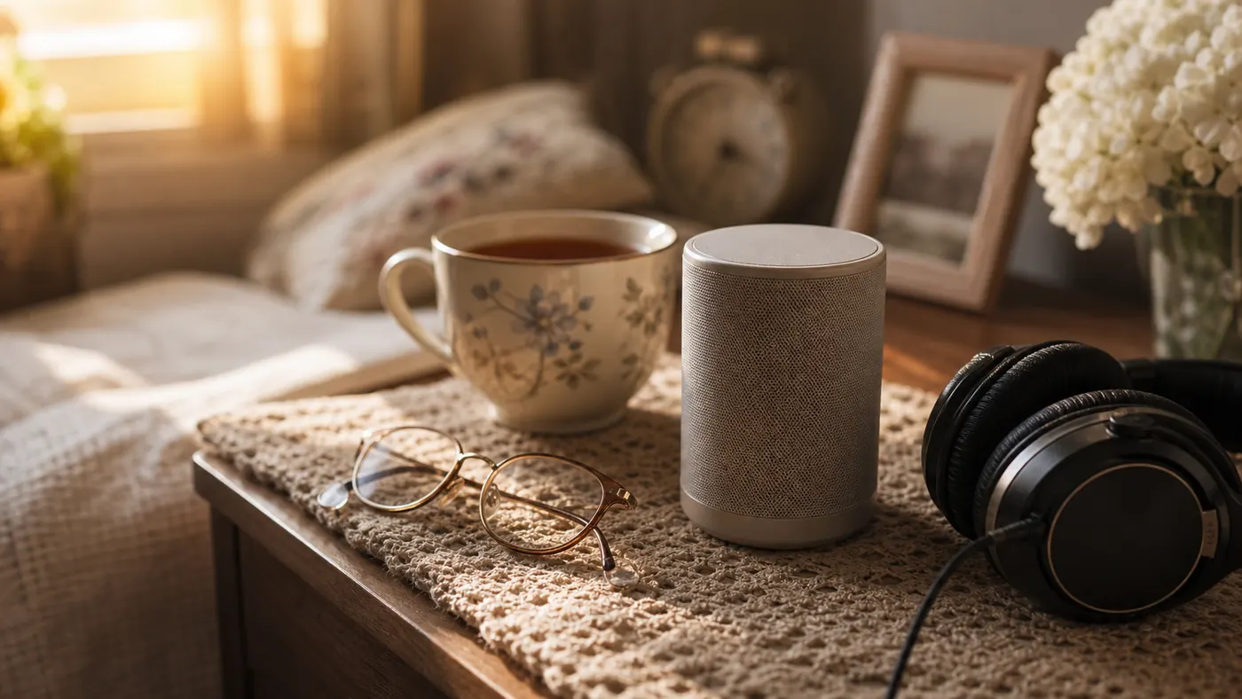 Praying with Music supporting image showing headphones, an open book, coffee, and a quiet prayer corner.