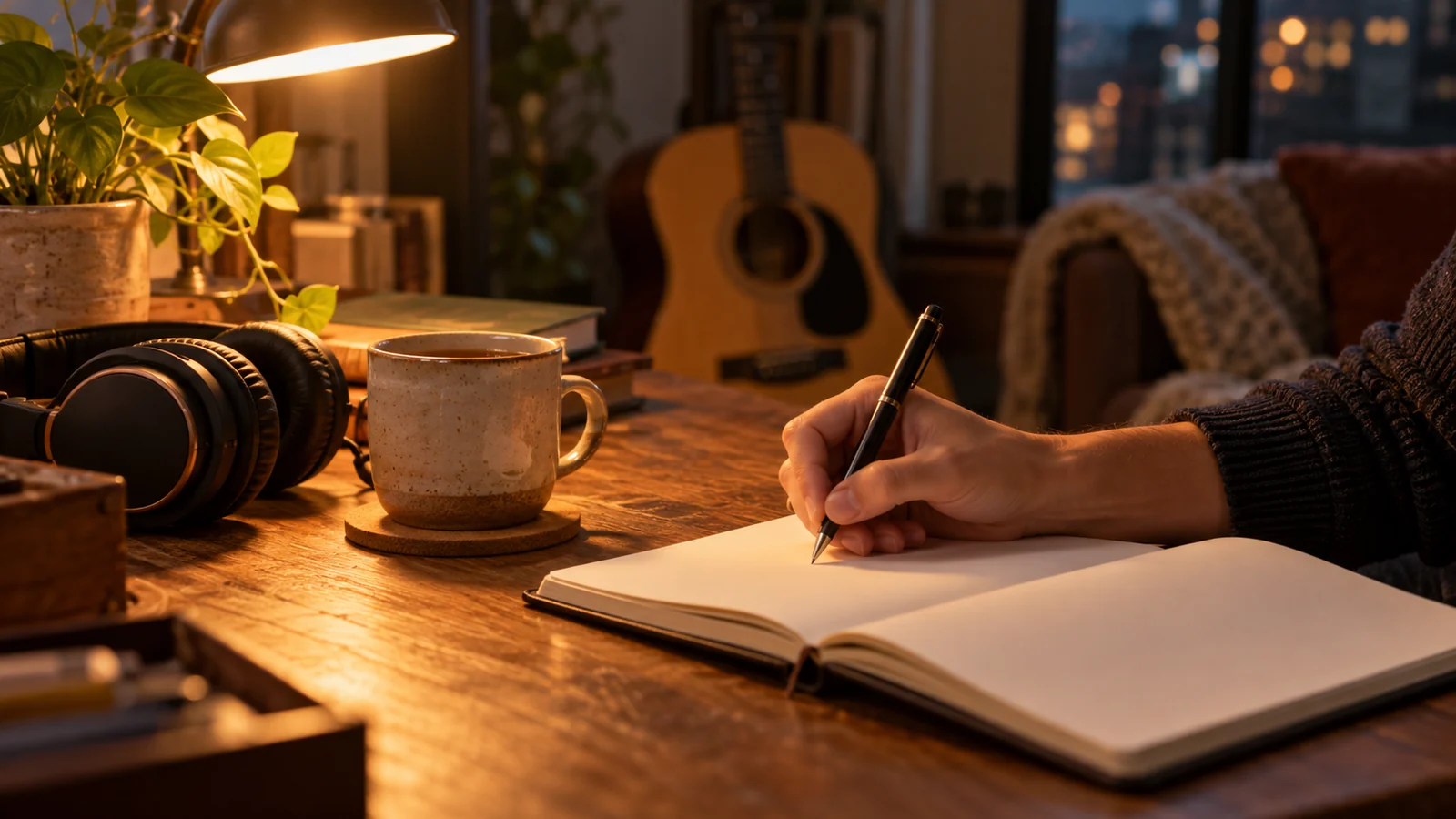 Song for a Hard Season Supporting Image Supporting image showing a quiet desk with a notebook, headphones, a mug and warm lamplight, no faces visible.