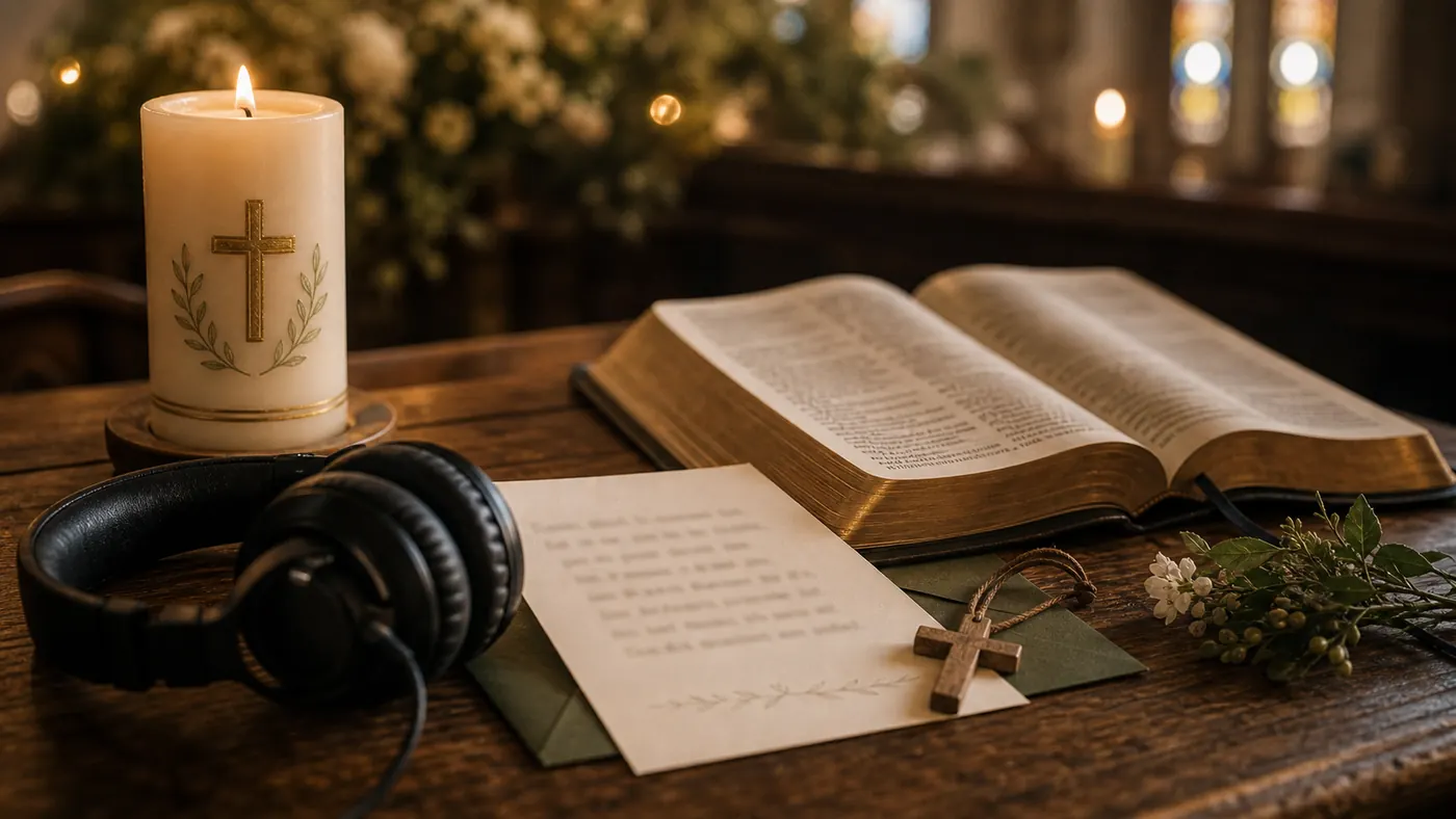 What Is a Prayer Song supporting image showing an open Bible, candlelight, headphones, and a handwritten prayer page.
