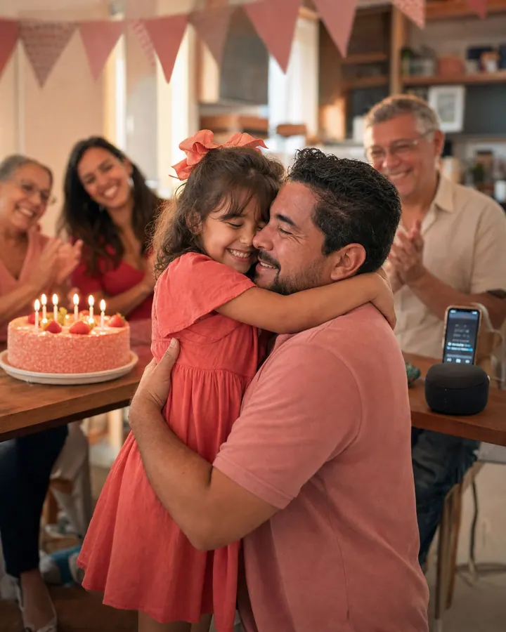 Menina aniversariante abraçando o pai depois de ouvir seu nome na música