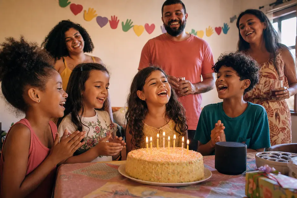 Crianças e familiares cantando juntos uma música personalizada diante do bolo